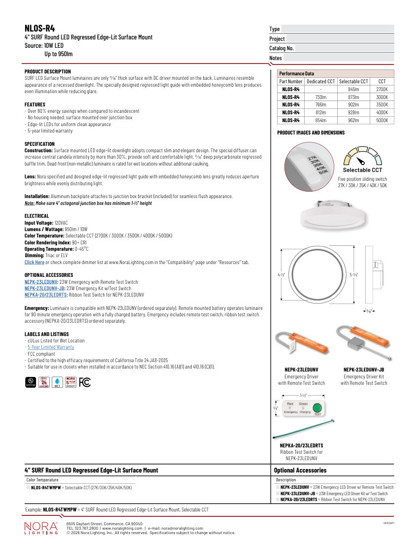 Nora Lighting NLOS-R4TW cut sheet — first page