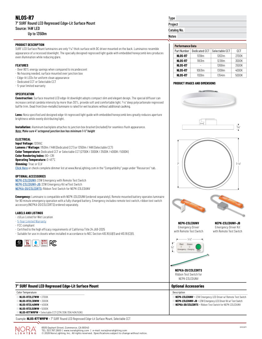 Nora Lighting NLOS-R7TW cut sheet — first page