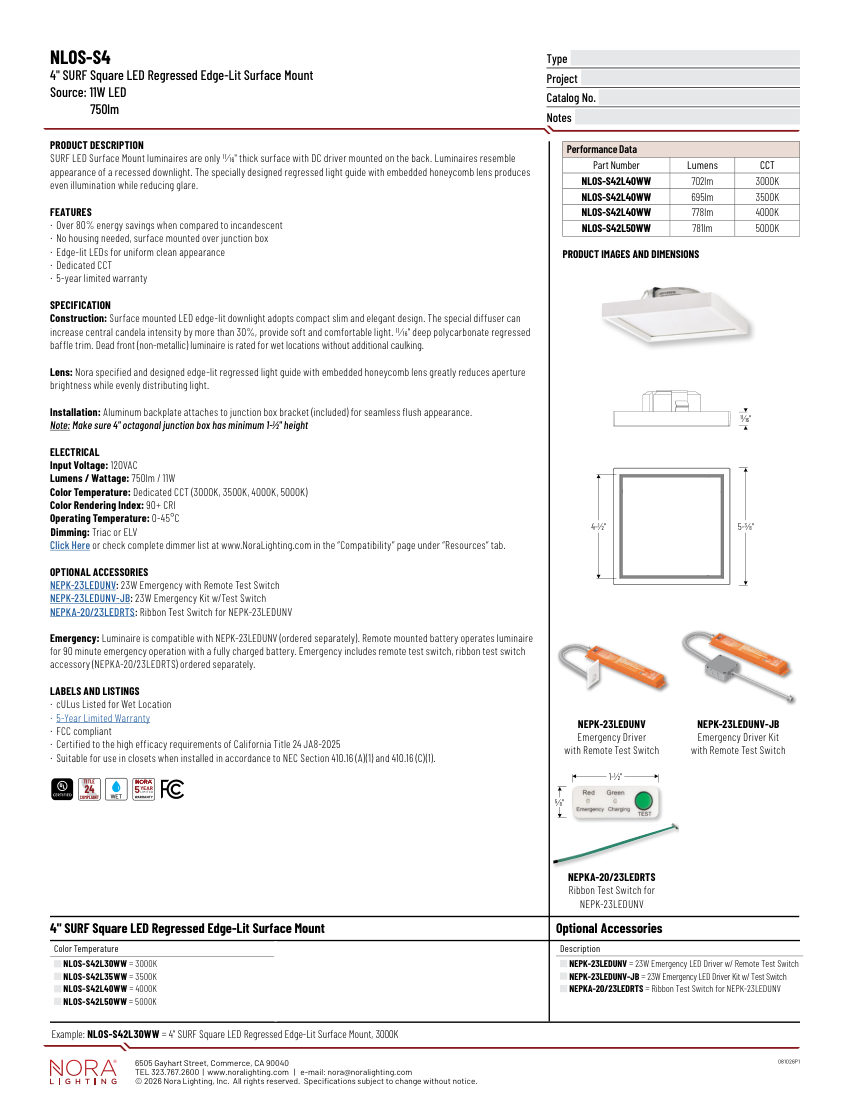 Nora Lighting NLOS-S42L cut sheet — first page