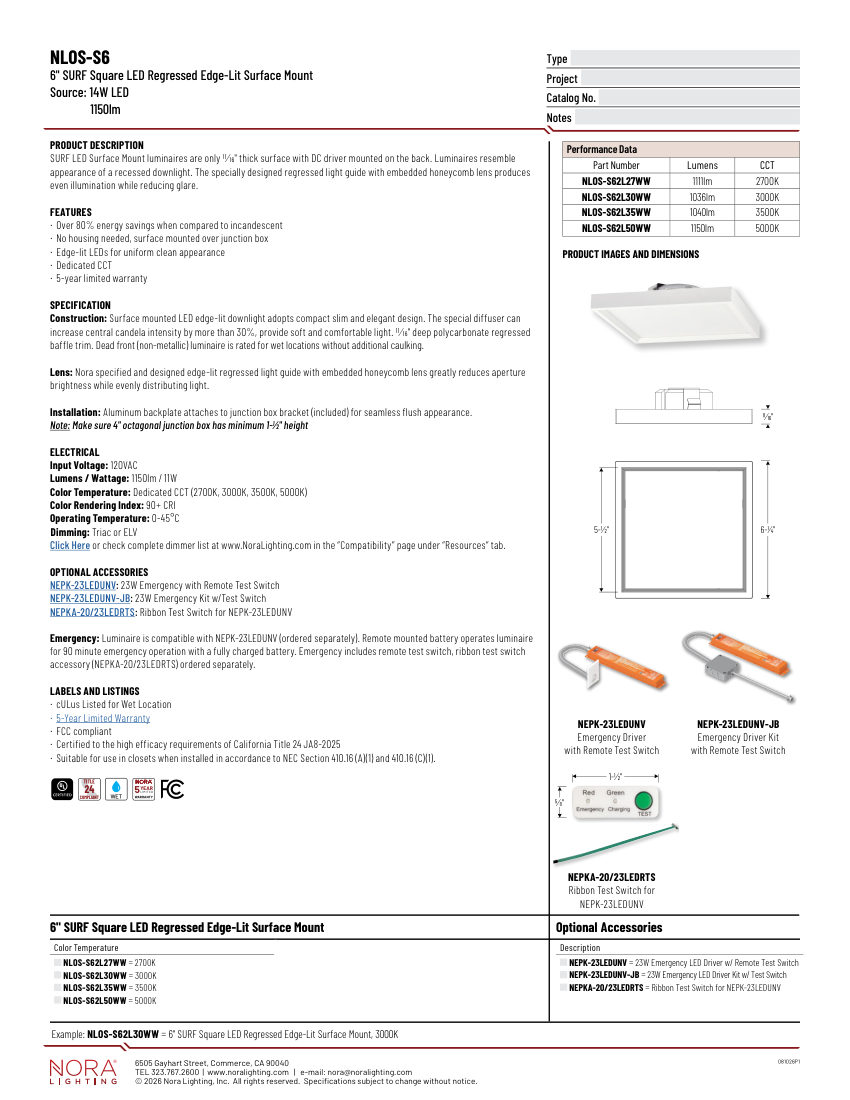 Nora Lighting NLOS-S62L cut sheet — first page