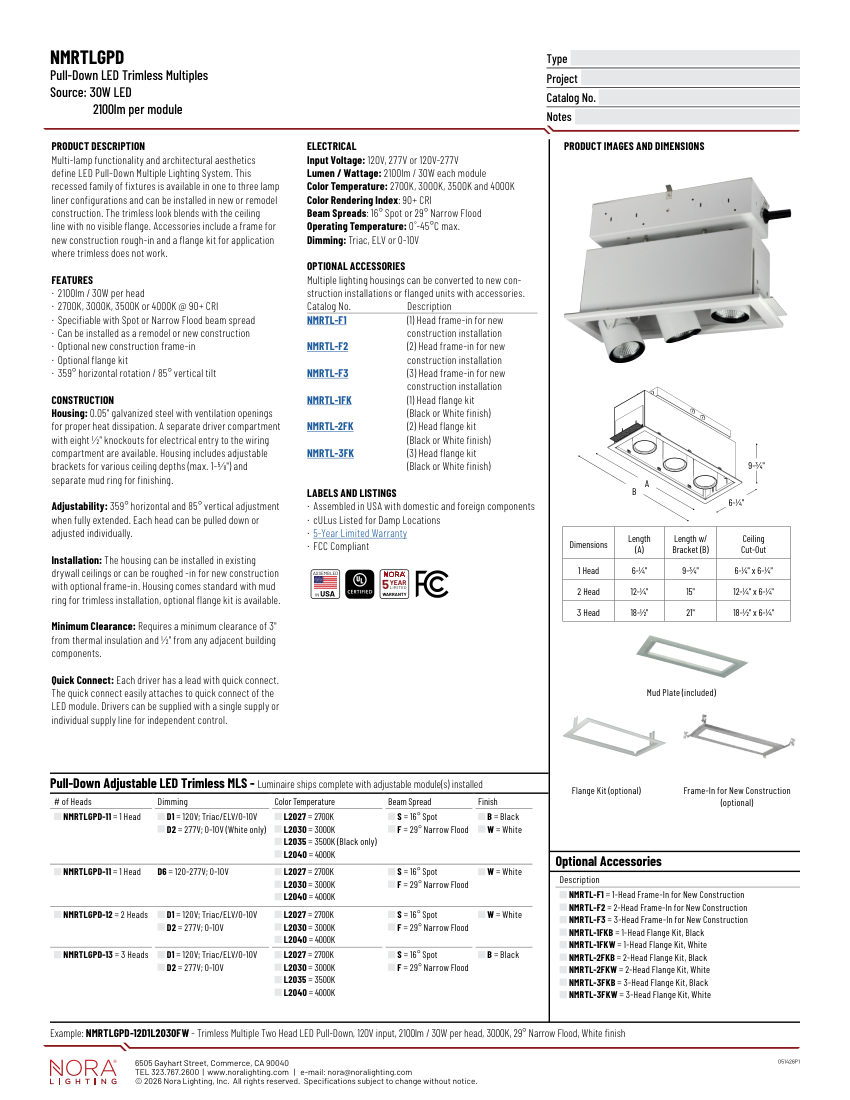 Nora Lighting NMRTLGPD-13 cut sheet — first page