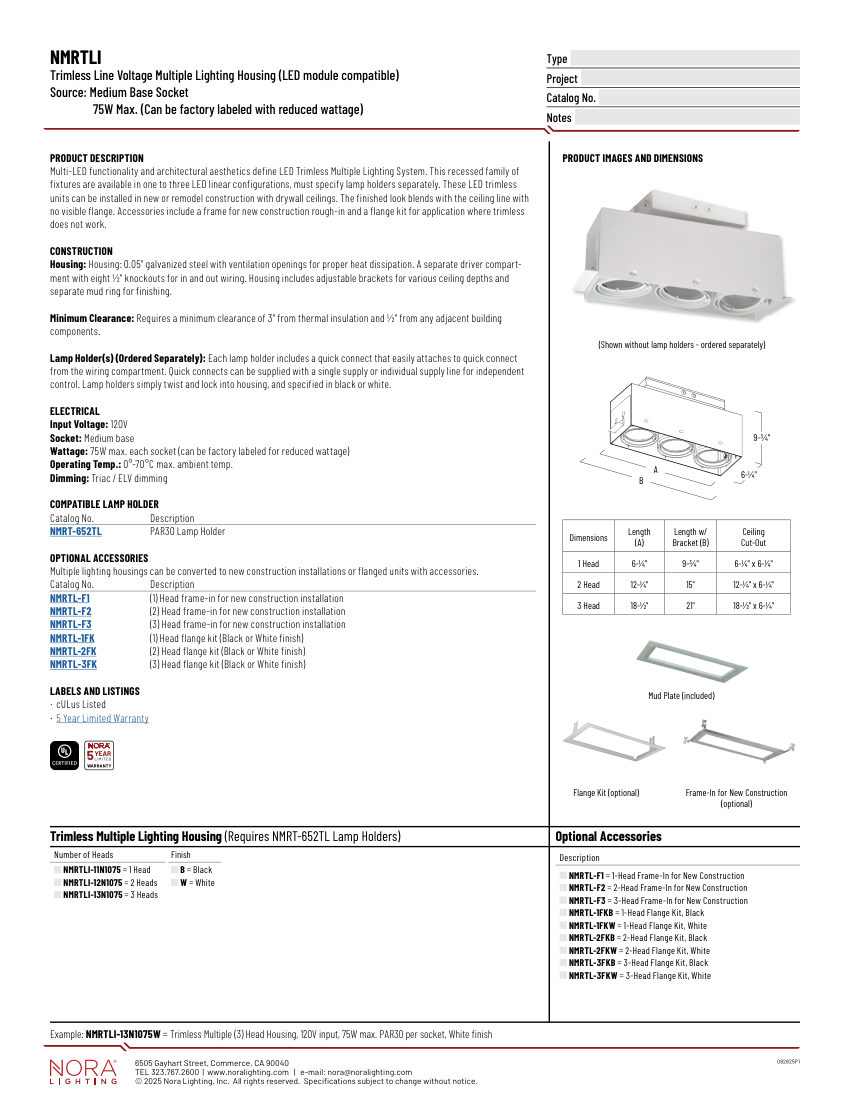 Nora Lighting NMRTLI-12 cut sheet — first page