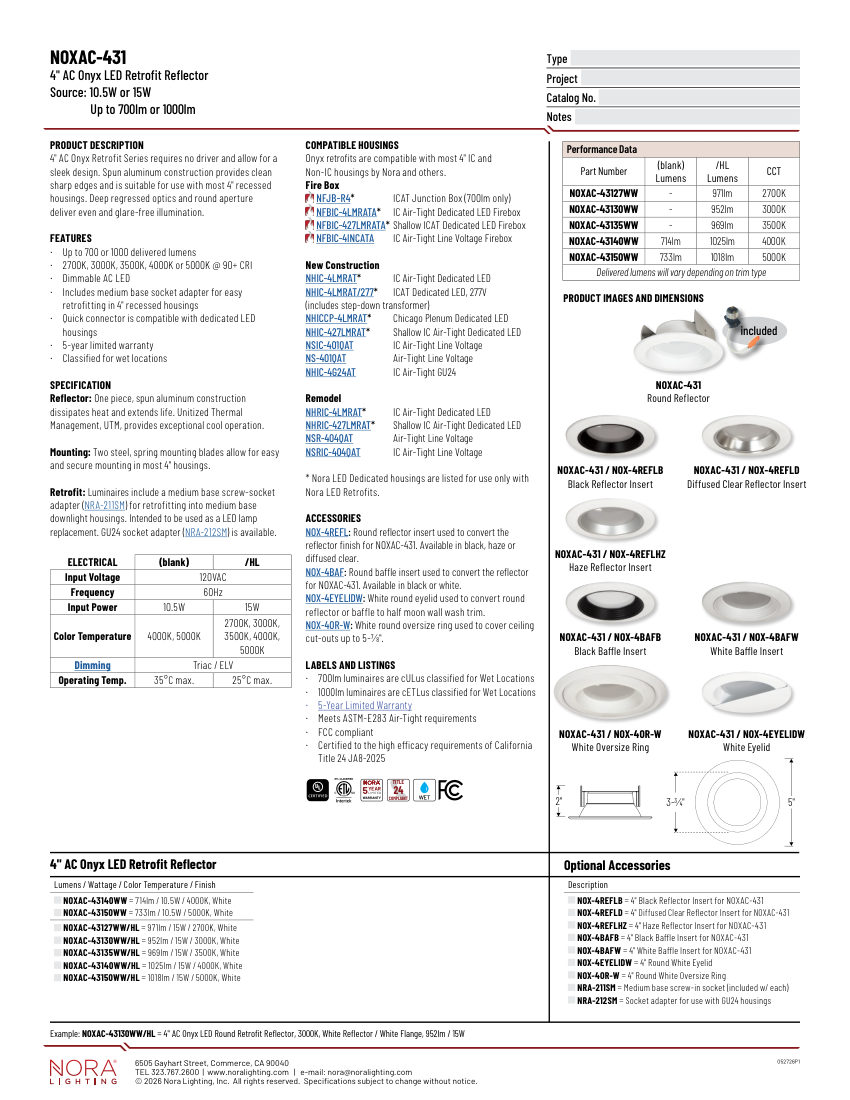 Nora Lighting NOXAC-431 cut sheet — first page