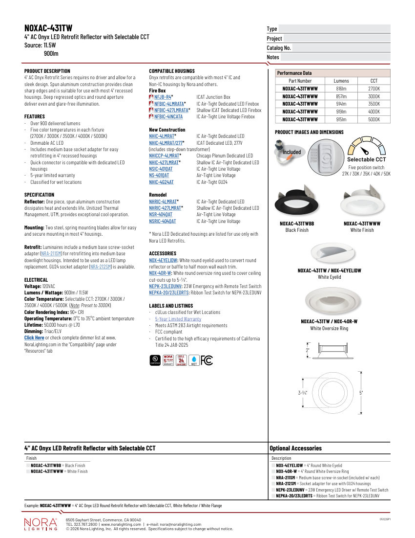 Nora Lighting NOXAC-431TW cut sheet — first page