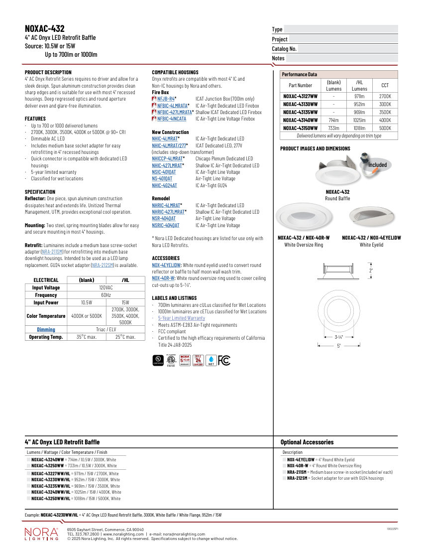 Nora Lighting NOXAC-432 cut sheet — first page