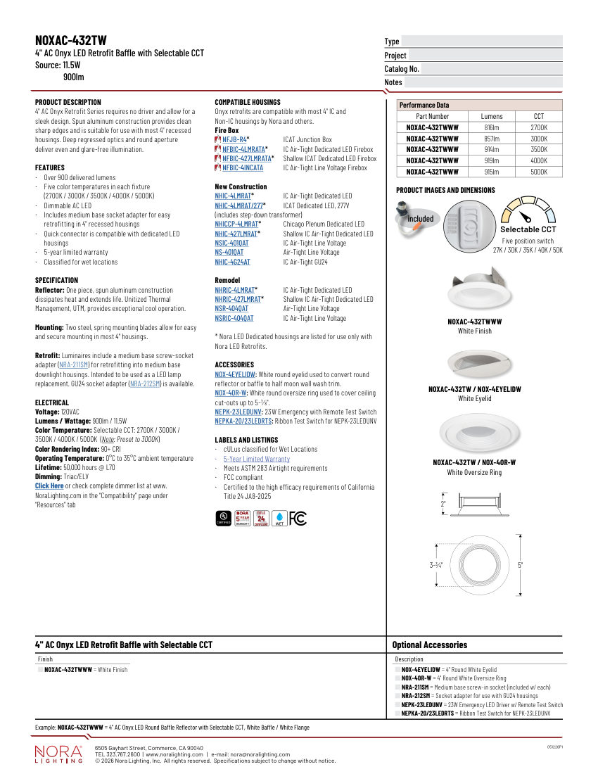 Nora Lighting NOXAC-432TW cut sheet — first page