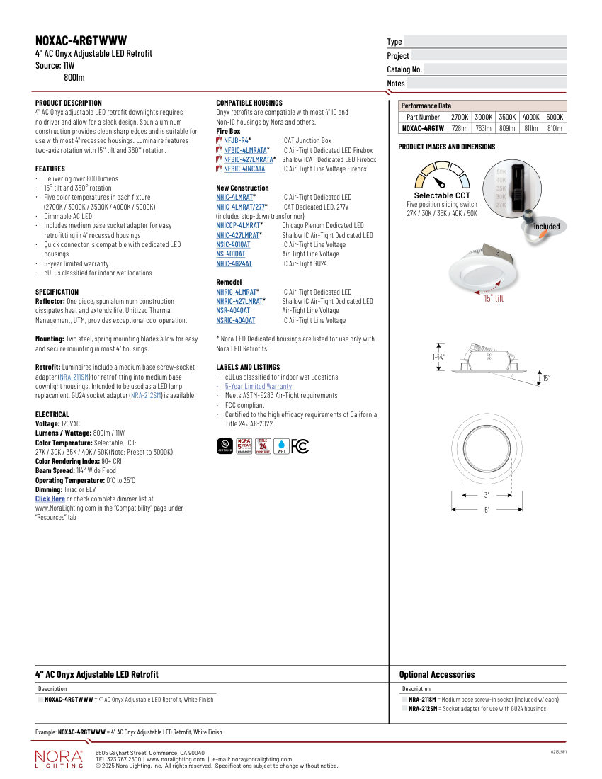Nora Lighting NOXAC-4RGTW cut sheet — first page