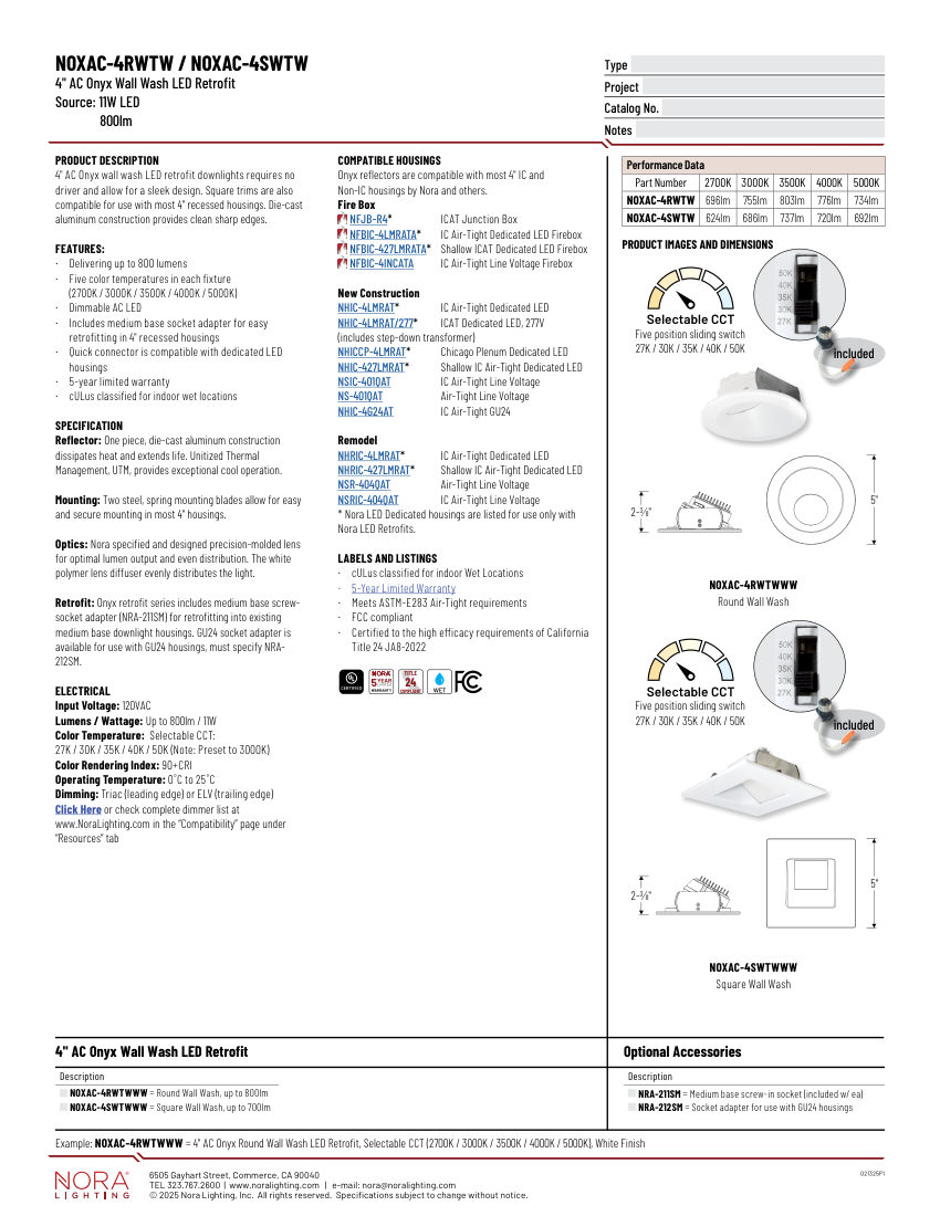 Nora Lighting NOXAC-4RWTW cut sheet — first page
