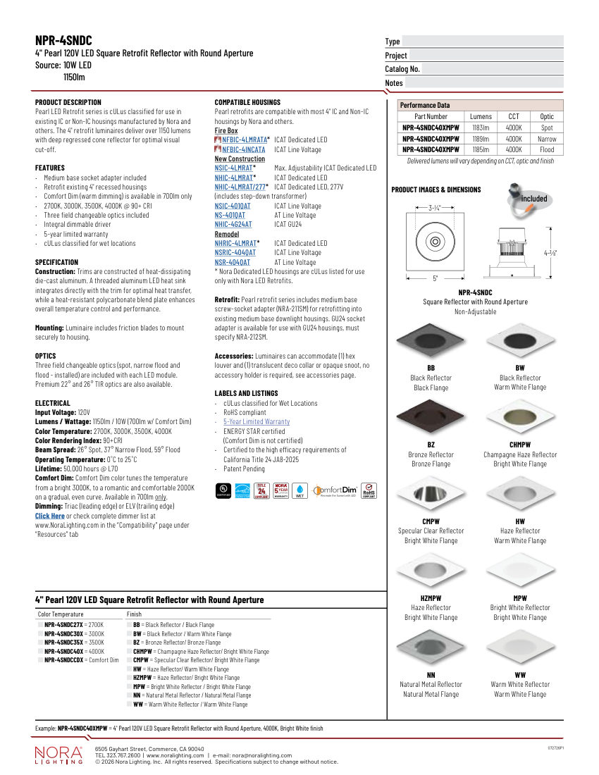 Nora Lighting NPR-4SNDC cut sheet — first page