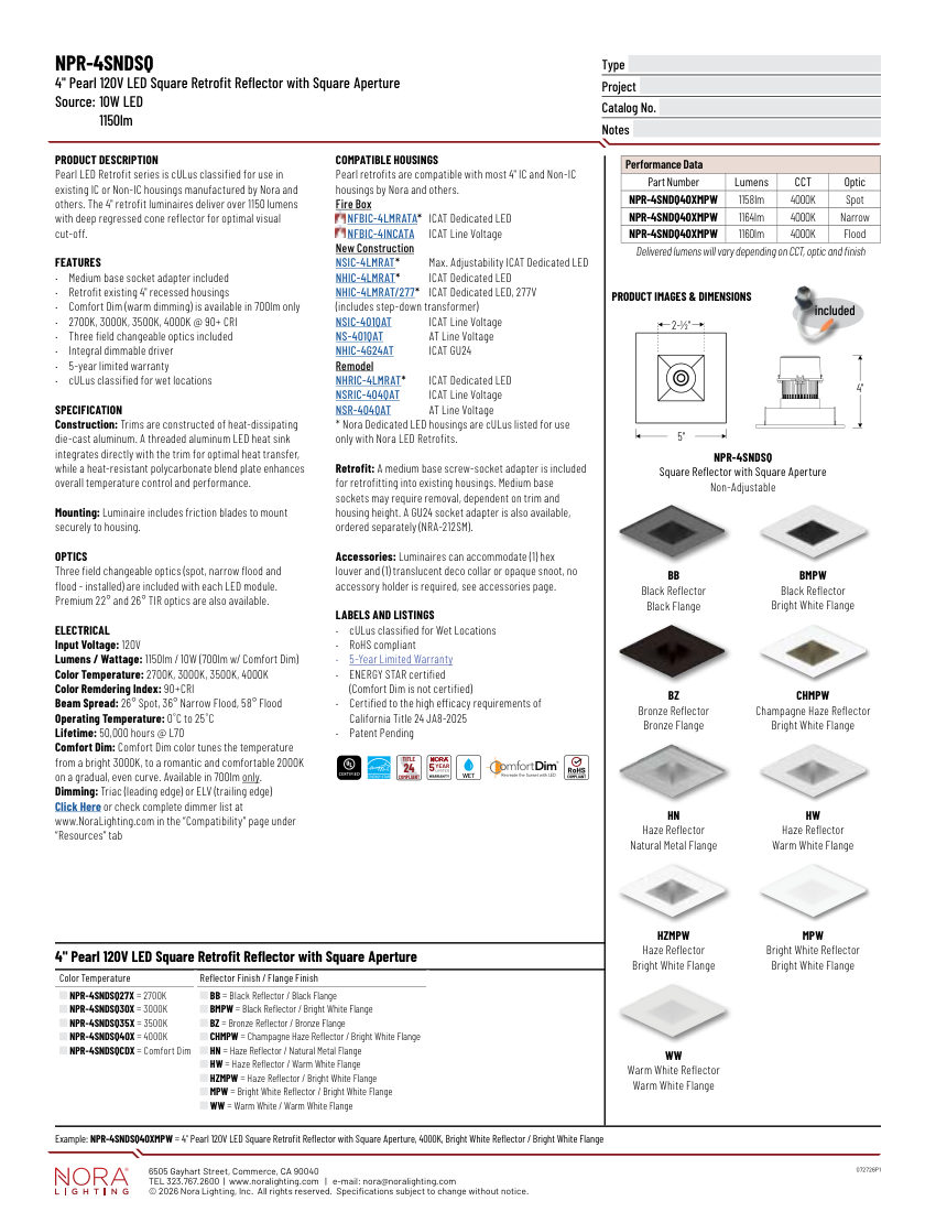 Nora Lighting NPR-4SNDSQ cut sheet — first page