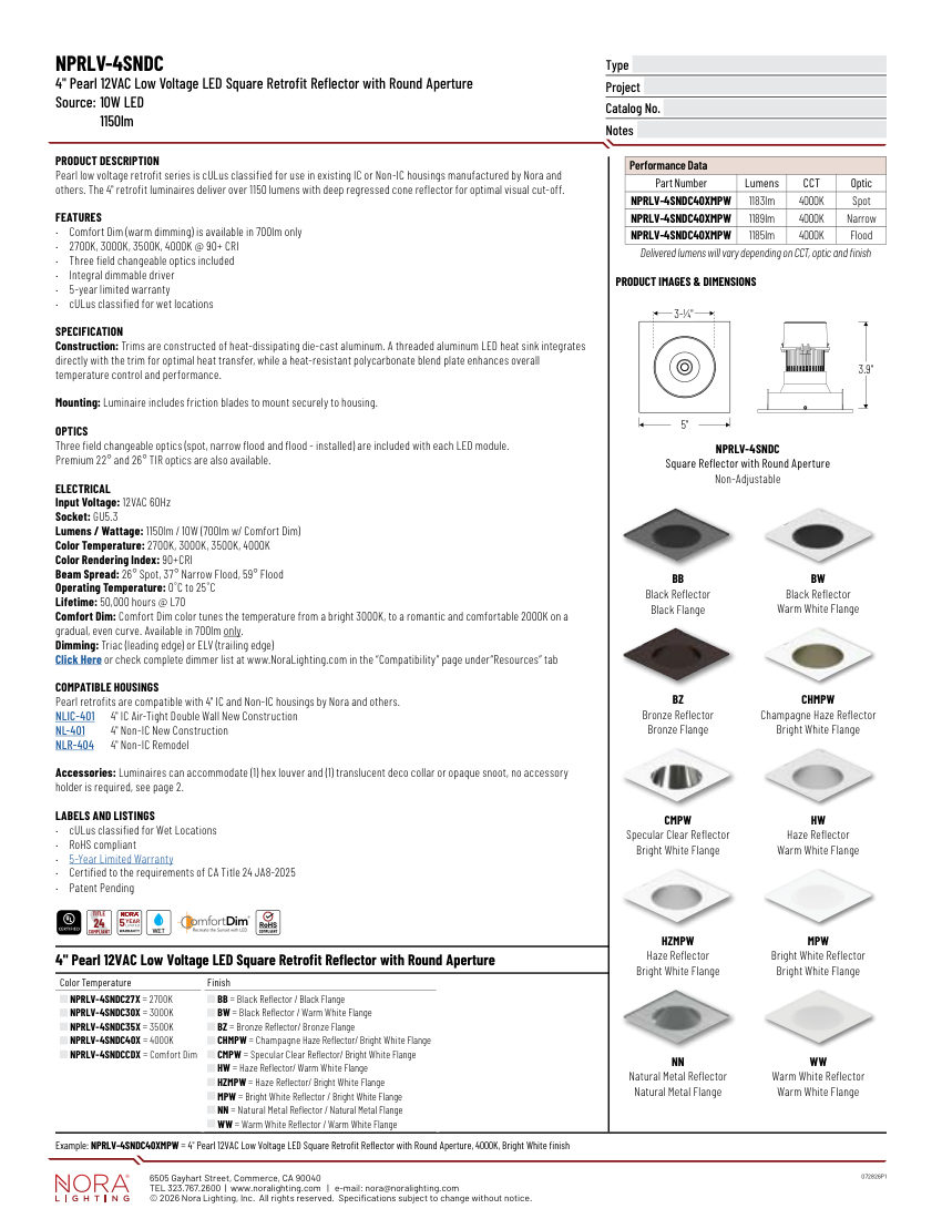 Nora Lighting NPRLV-4SNDC cut sheet — first page