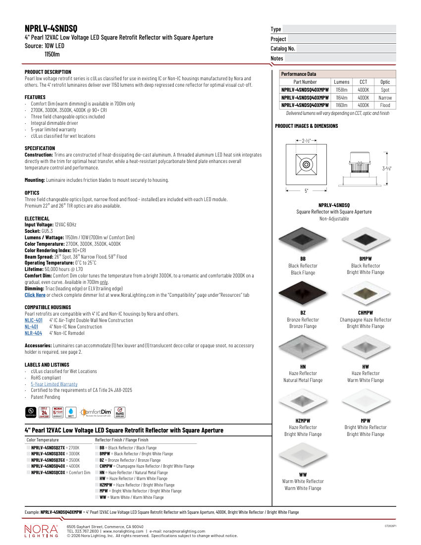 Nora Lighting NPRLV-4SNDSQ cut sheet — first page