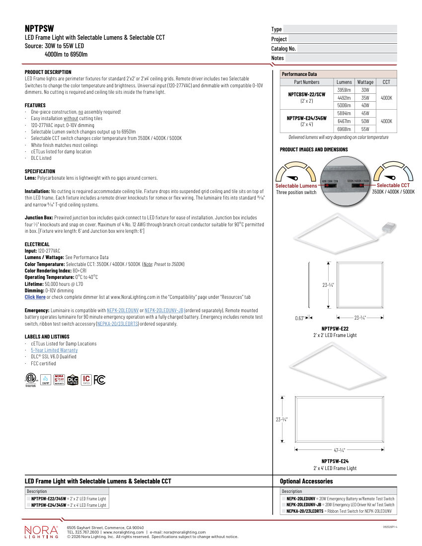 Nora Lighting NPTPSW-E24 cut sheet — first page