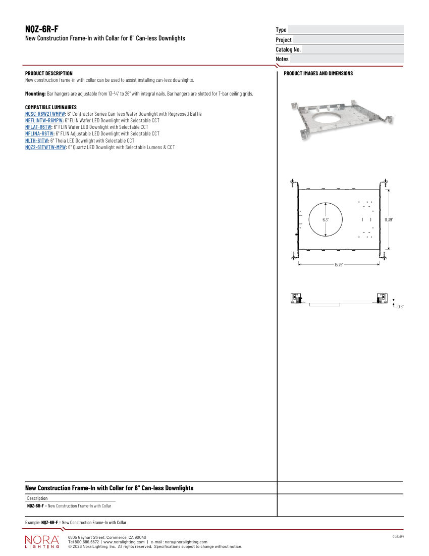 Nora Lighting NQZ-6R-F cut sheet — first page