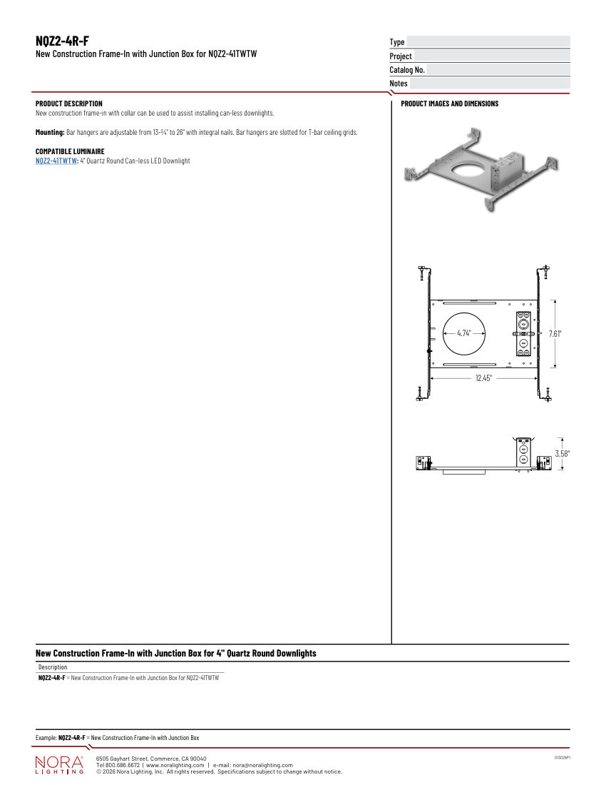 Nora Lighting NQZ2-4R-F cut sheet — first page