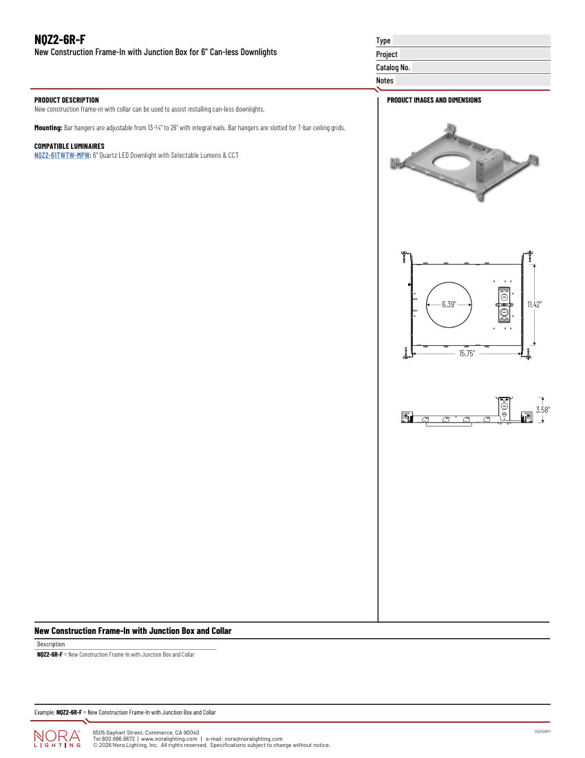 Nora Lighting NQZ2-6R-F cut sheet — first page