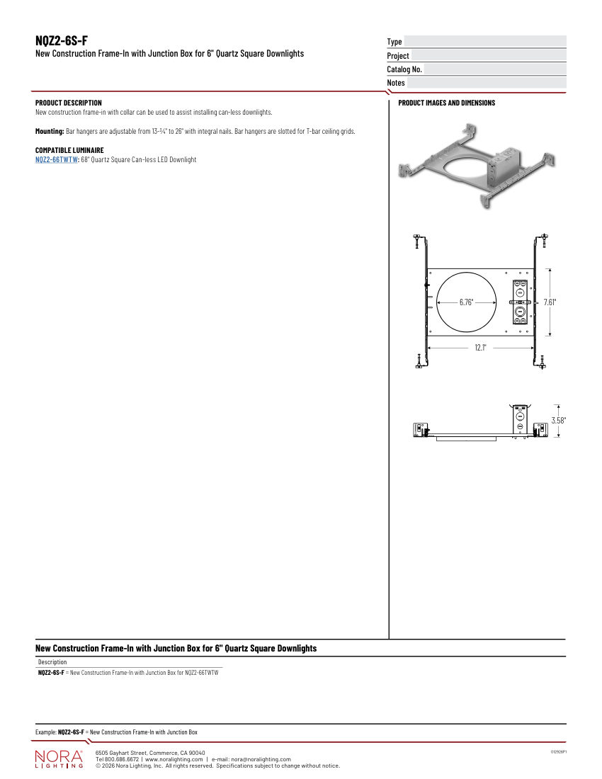 Nora Lighting NQZ2-6S-F cut sheet — first page