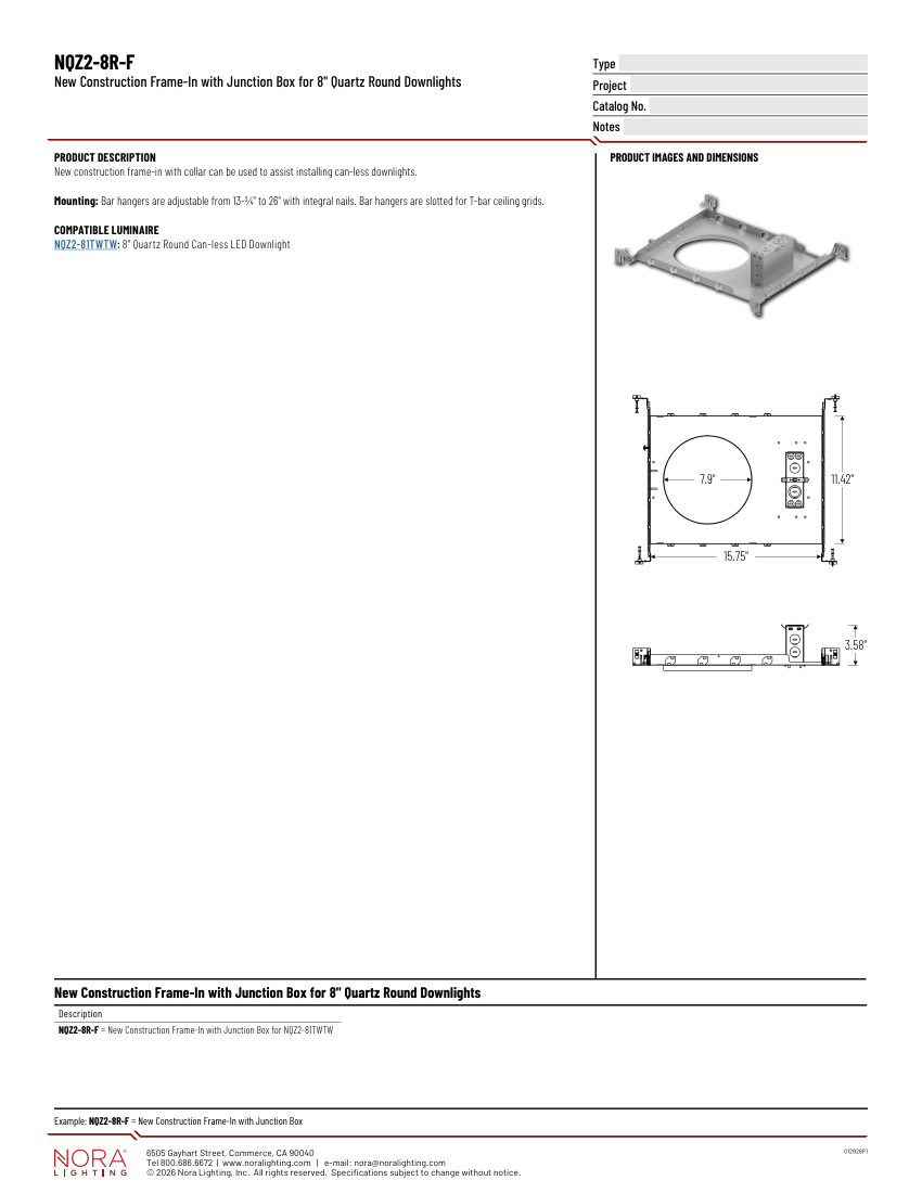 Nora Lighting NQZ2-8R-F cut sheet — first page
