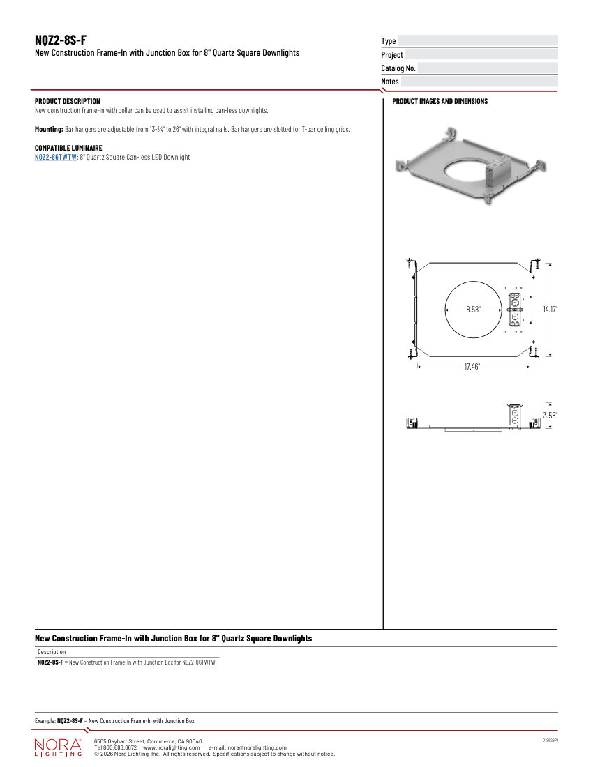 Nora Lighting NQZ2-8S-F cut sheet — first page