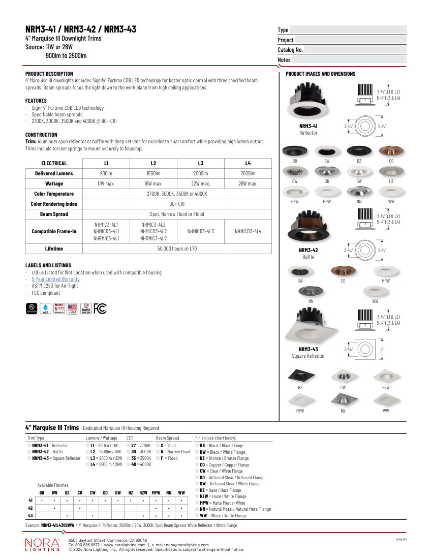 Nora Lighting NRM3-43 cut sheet — first page