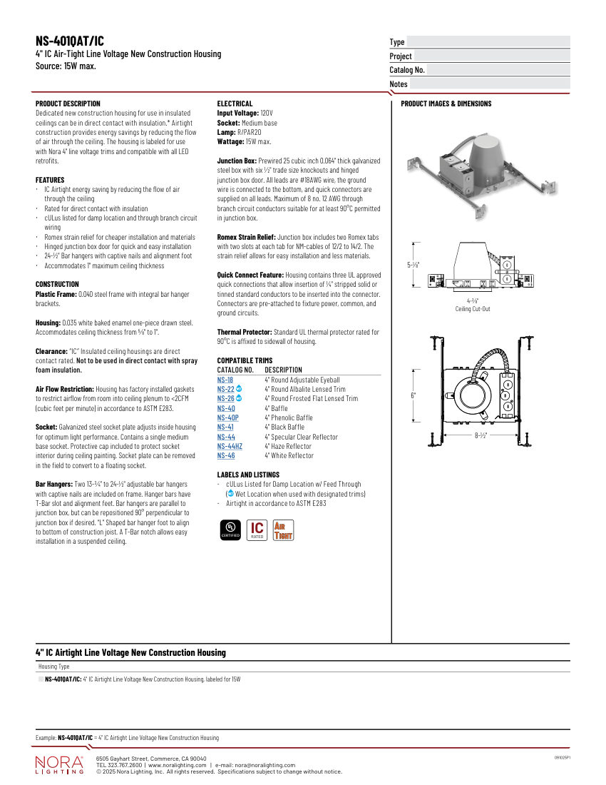 Nora Lighting NS-401QAT/IC cut sheet — first page
