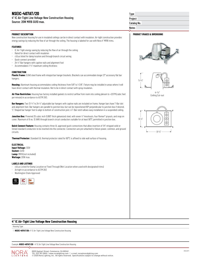 Nora Lighting NSEIC-407AT/20 cut sheet — first page