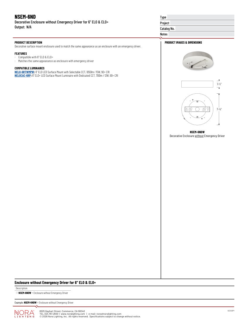 Nora Lighting NSEM-6ND cut sheet — first page