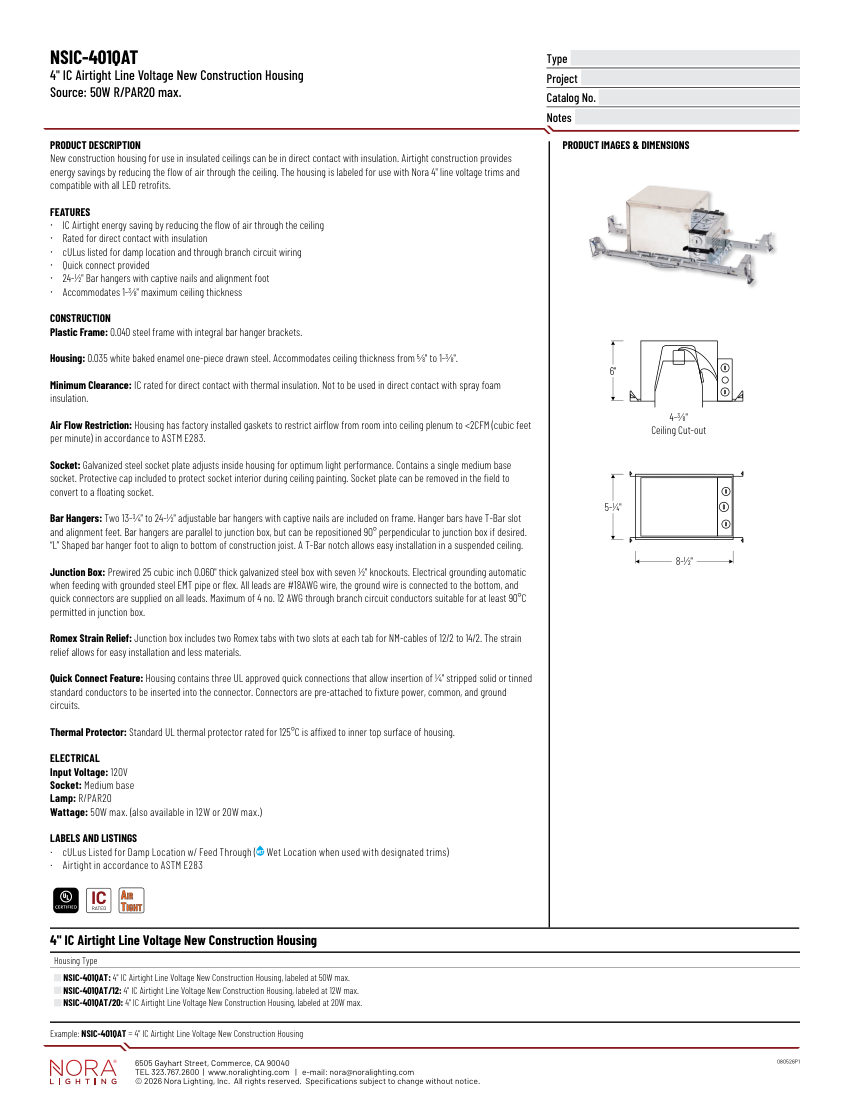 Nora Lighting NSIC-401QAT cut sheet — first page