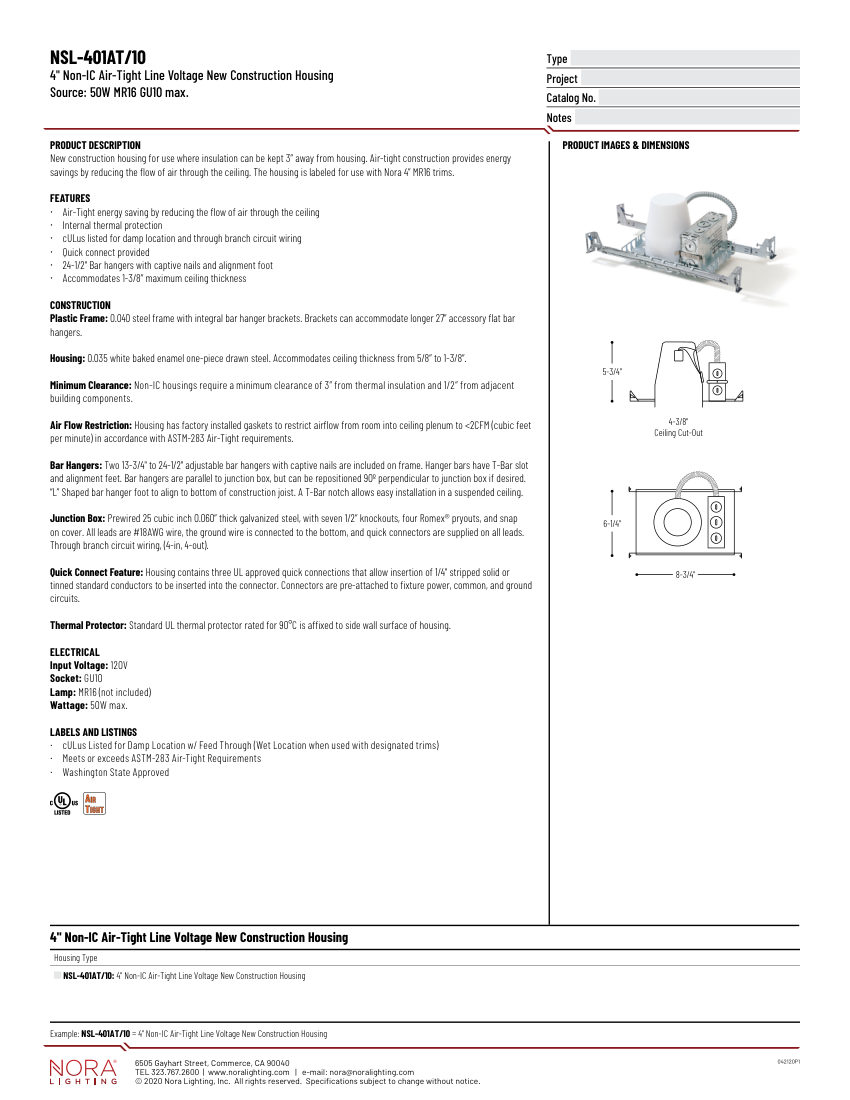 Nora Lighting NSL-401AT/10 cut sheet — first page