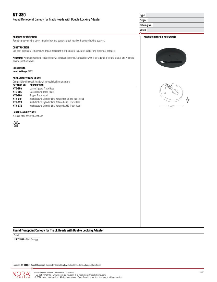 Nora Lighting NT-380 cut sheet — first page