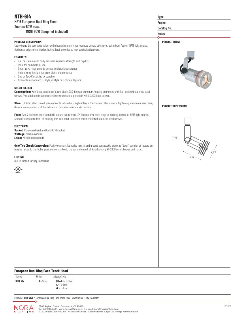 Nora Lighting NTH-614S cut sheet — first page