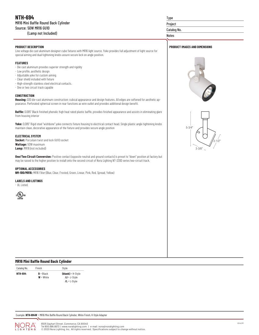 Nora Lighting NTH-694 cut sheet — first page