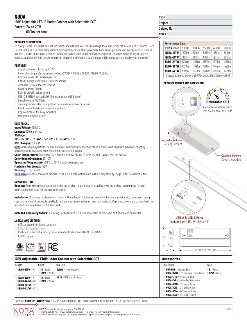 Nora Lighting NUDA-42TW cut sheet — first page