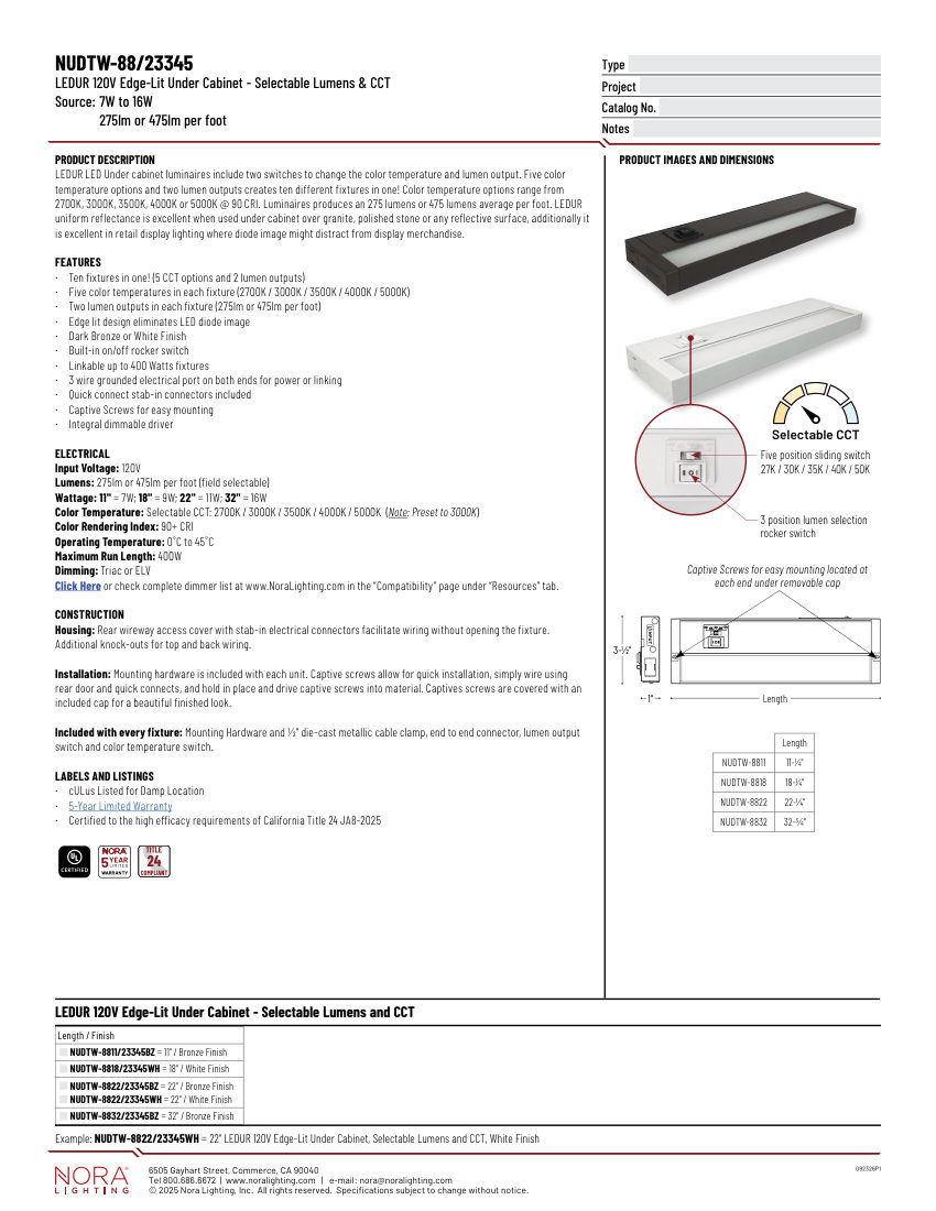Nora Lighting NUDTW-8822/23345 cut sheet — first page