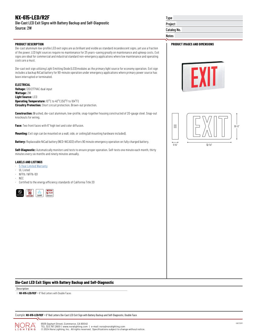 Nora Lighting NX-615-LED cut sheet — first page