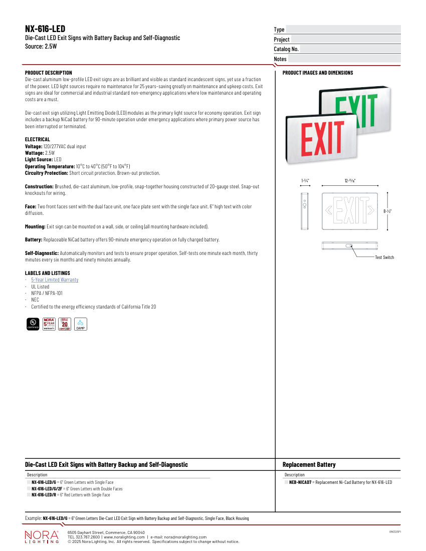 Nora Lighting NX-616-LED cut sheet — first page