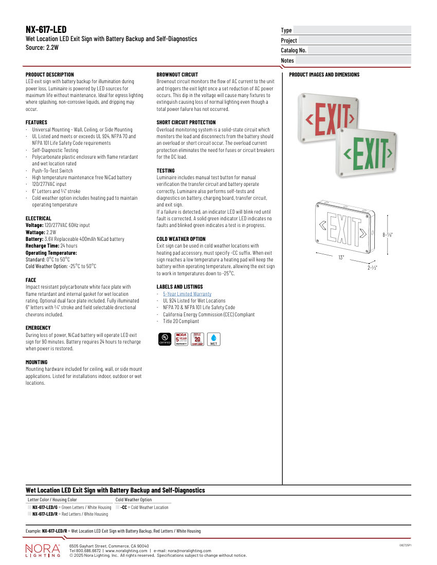 Nora Lighting NX-617-LED cut sheet — first page
