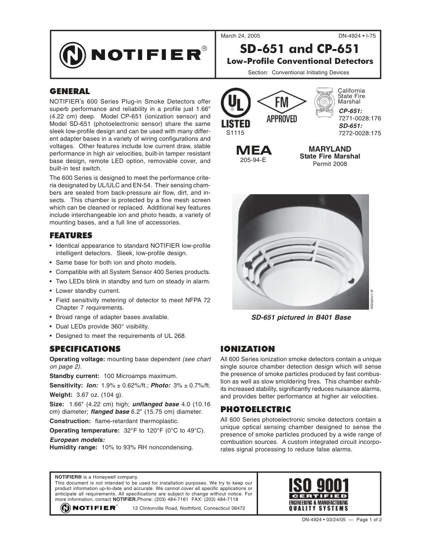 Notifier CP-651 cut sheet — first page