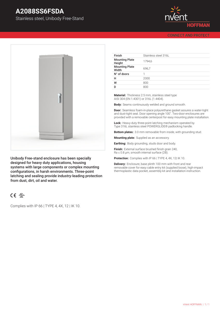 nVent HOFFMAN A2088SS6FSDA cut sheet — first page