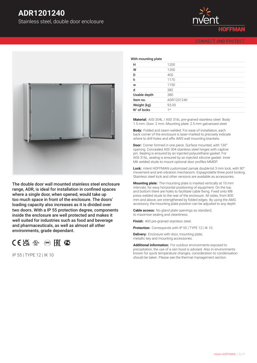 nVent HOFFMAN ADR1201240 cut sheet — first page