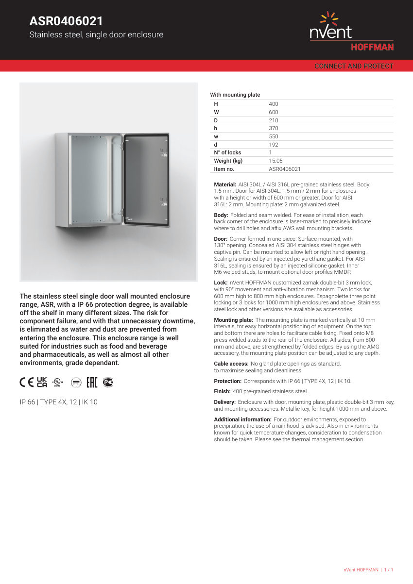 nVent HOFFMAN ASR0406021 cut sheet — first page