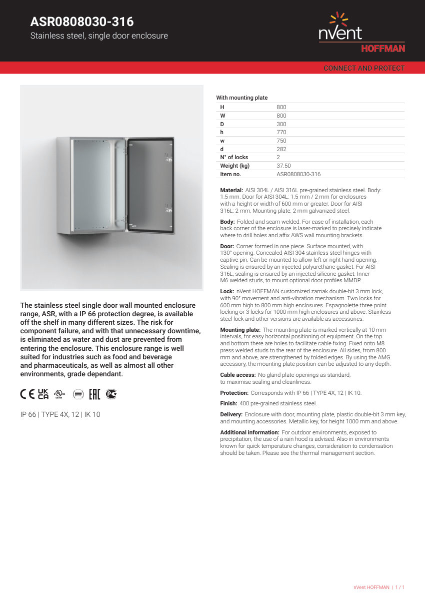 nVent HOFFMAN ASR0808030-316 cut sheet — first page