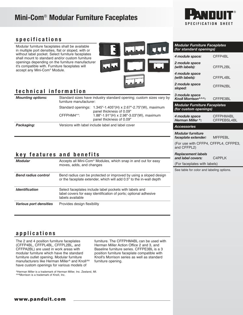 Panduit CFFP4BL cut sheet — first page