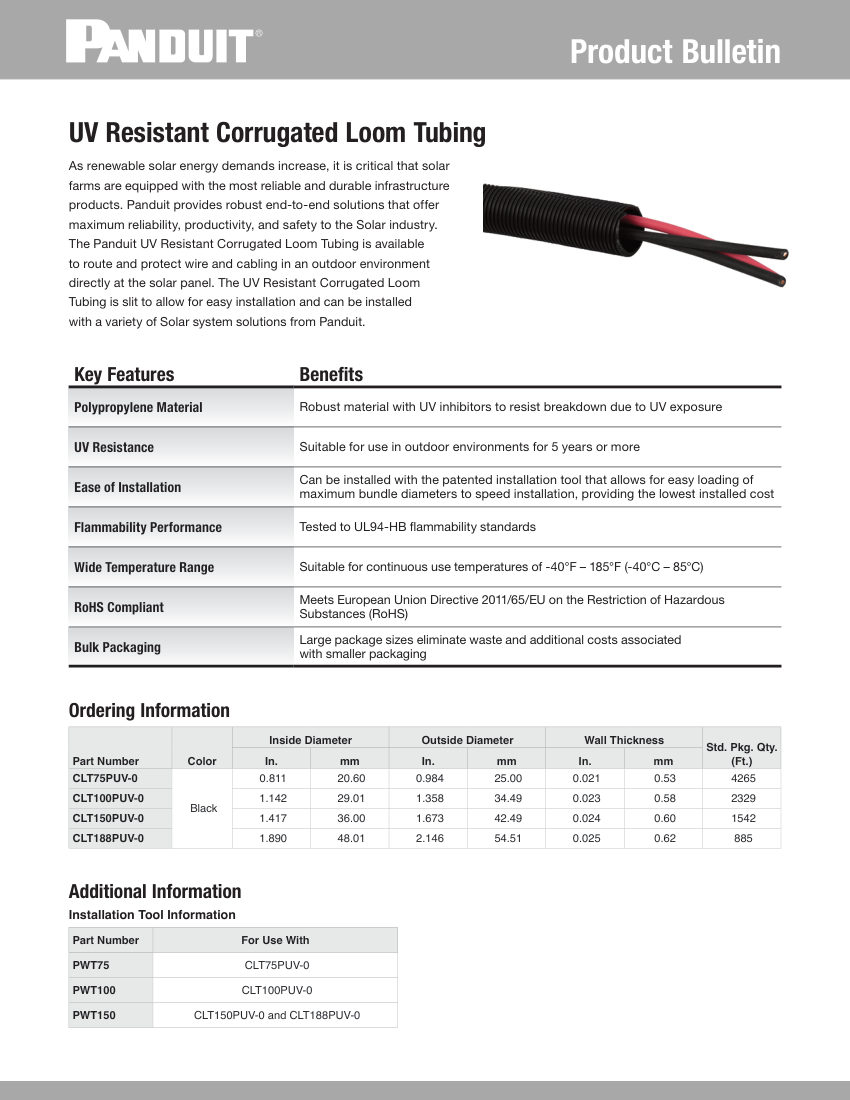 Panduit CLT75PUV-0 cut sheet — first page