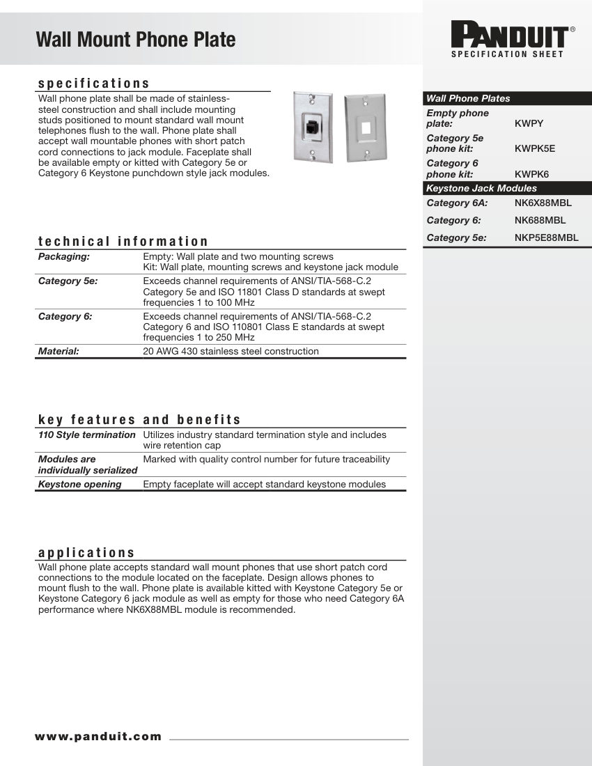 Panduit CMSP06--WW-ENG cut sheet — first page