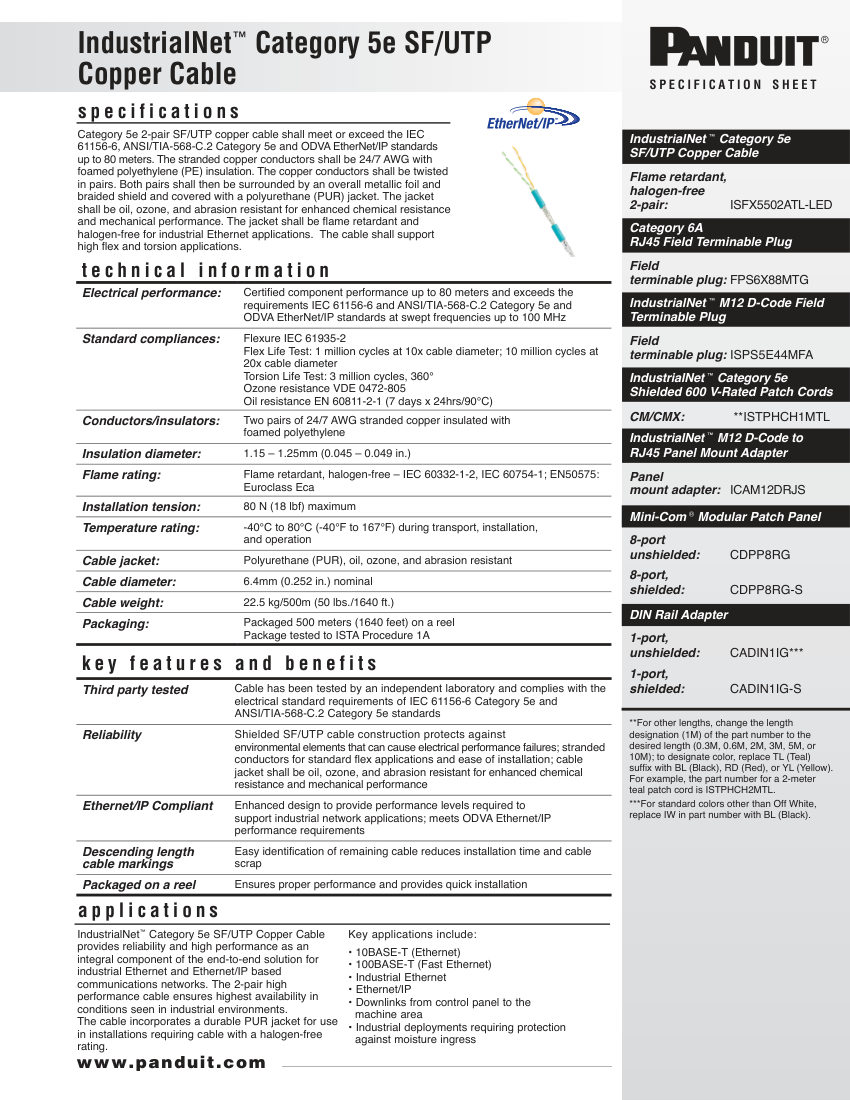 Panduit COSP343--WW-ENG cut sheet — first page