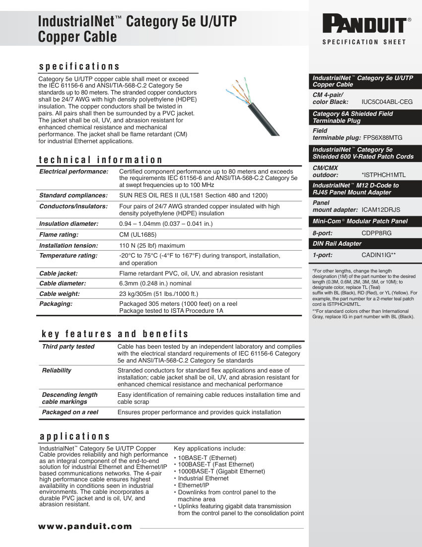 Panduit COSP345--WW-ENG cut sheet — first page