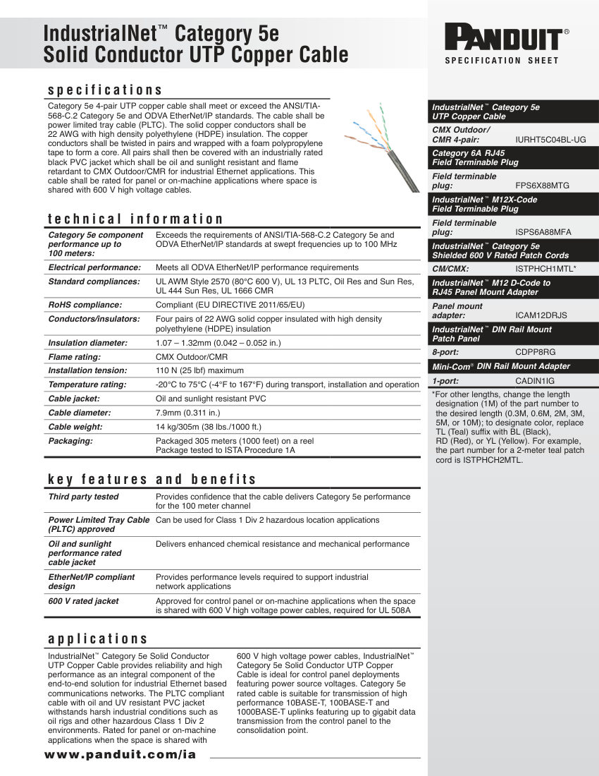 Panduit COSP405--WW-ENG cut sheet — first page