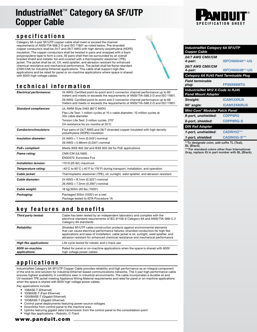 Panduit COSP433-WW-ENG cut sheet — first page