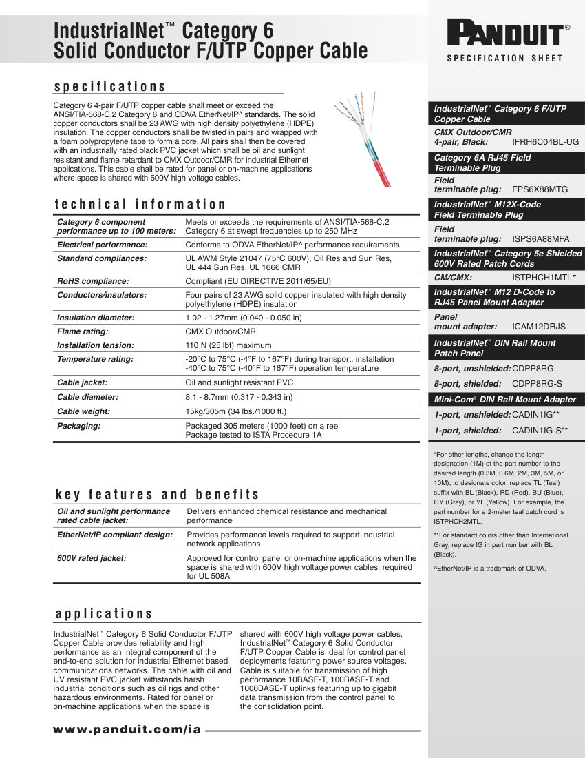 Panduit COSP437--WW-ENG cut sheet — first page